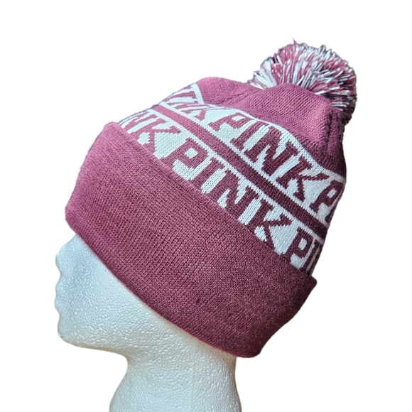 Victoria's Secret PINK NATION Pom Pom Maroon Knit Beanie - Picture 2 of 6